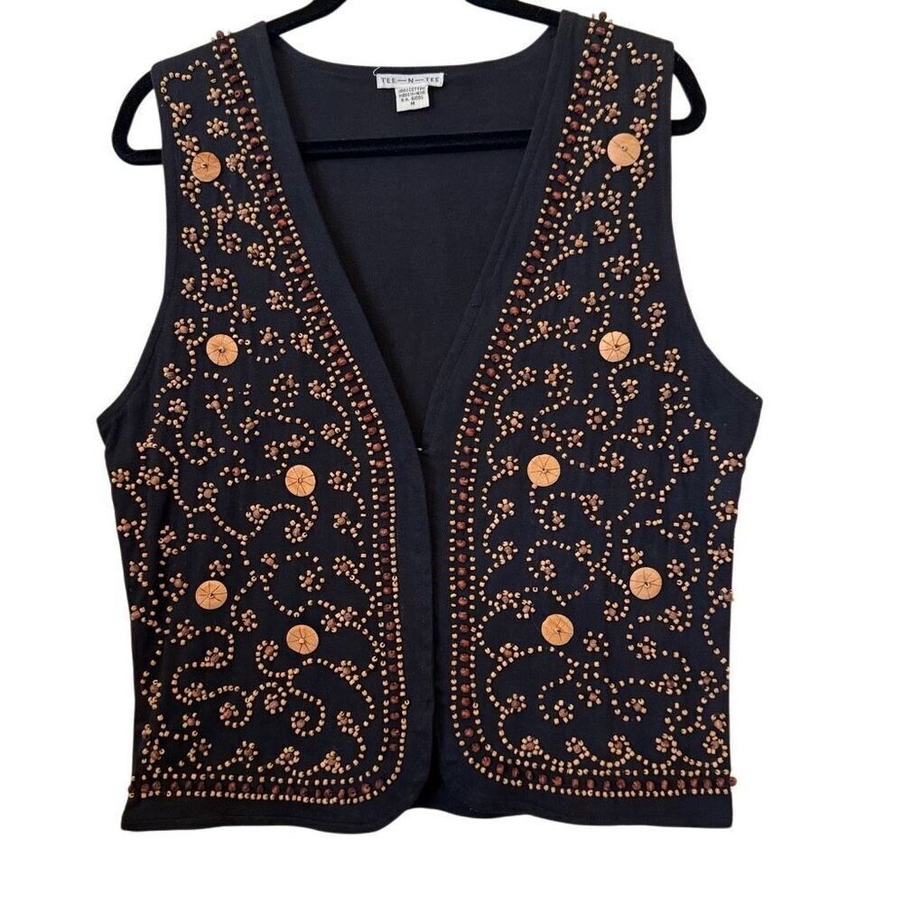 Vintage Tee-N-Tee Black Vest With Wooden Beads Sz M Boho, Cottagecore‎